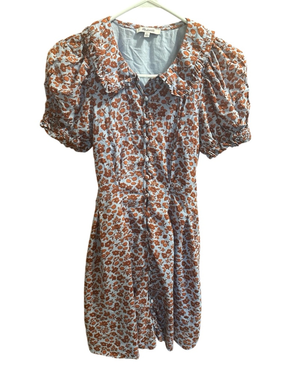 Madewell Blue and Brown Floral Puff-Sleeve Mini Dress